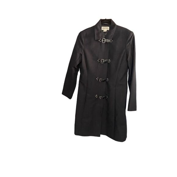 Michael  Michael Kors women’s long, black, silver, leather buckle coat size larg - Picture 1 of 7